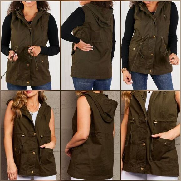 💜Zenana Olive Zipper Front Hooded Sleeveless Utility Jacket Large - Picture 2 of 16